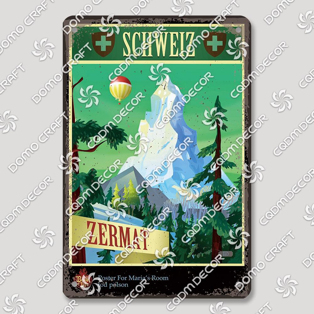 Suisse Plaque Scénique Panneau en Étain Affiche Métal Zurich Montreux Rigi Alpes Plaques Métalliques Décor Mural Rétro Café Salon Maison