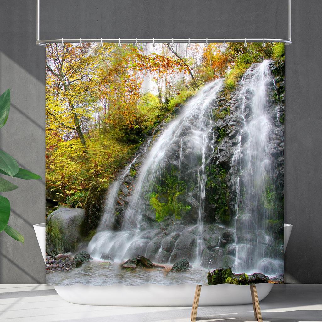 Bathroom Waterproof Curtain Digital Printing Landscape Waterfall Shower Curtain Free Punching Toilet Partition Curtain Shower Cloth