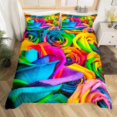 Mädchen Regenbogenrose Bettbezug-Set Bunte Rose Floral Helle Blumen Blütenblatt Bettdeckenbezug Gartenfrische Bettwäschesets Doppelbettgröße
