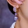 Luxury Romantic Purple Shining Brightly Full Zircon Leaves Pearl Pendant Dangle Earrings for Women Wedding Bride Charm Jewelry