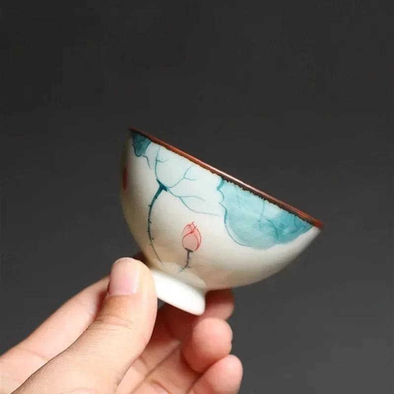 1PC Chinese Ceramic Teacup Personal Cup Hand Painted Lotus Tea Bowl Master Cup Handmade Boutique Tea Set Accessories