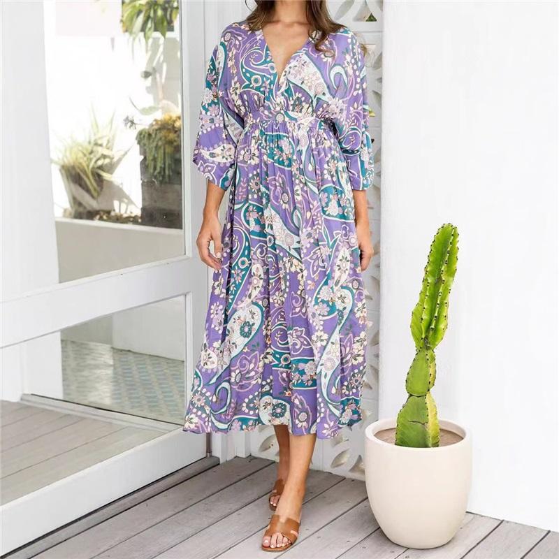 European And American Style Summer Ladies New Sleeveless Long Skirt V-neck Split Seaside Vacation Loose Printed Dress