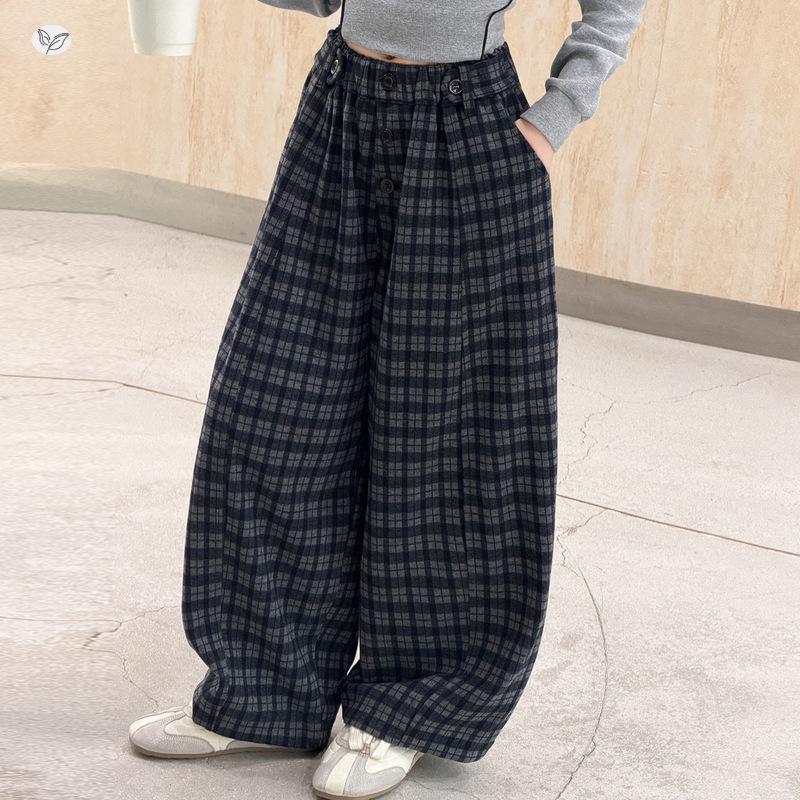 Girls' Wool Plaid Wide-Leg Pants 2026 - Autumn Collection, Mid-to-Large Casual 5-Button Long Pants