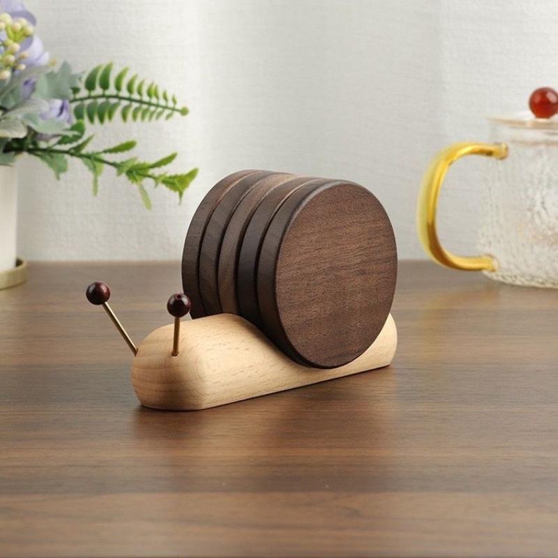 Snail Themed Wooden Coaster Set, Magnetic Hot Pot Holder Pad, Heat Resistant Desktop Decor, Creative Tabletop Accessories,