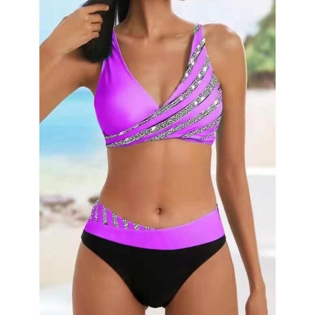 Set Bikini la Modă cu Imprimeu în Dungi, Costum de Baie Sexy din Două Piese, Costum de Baie cu Stil Fermecător