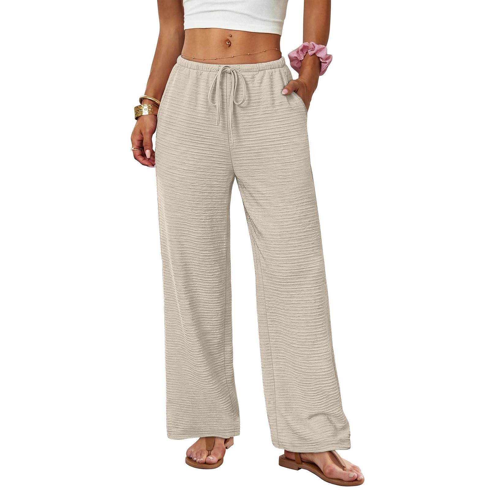 

Women’s Wide Leg Drawstring Waist Casual Lounge Pants Lightweight Loose Fit Trousers with Pockets for Daily Wear L бежевый