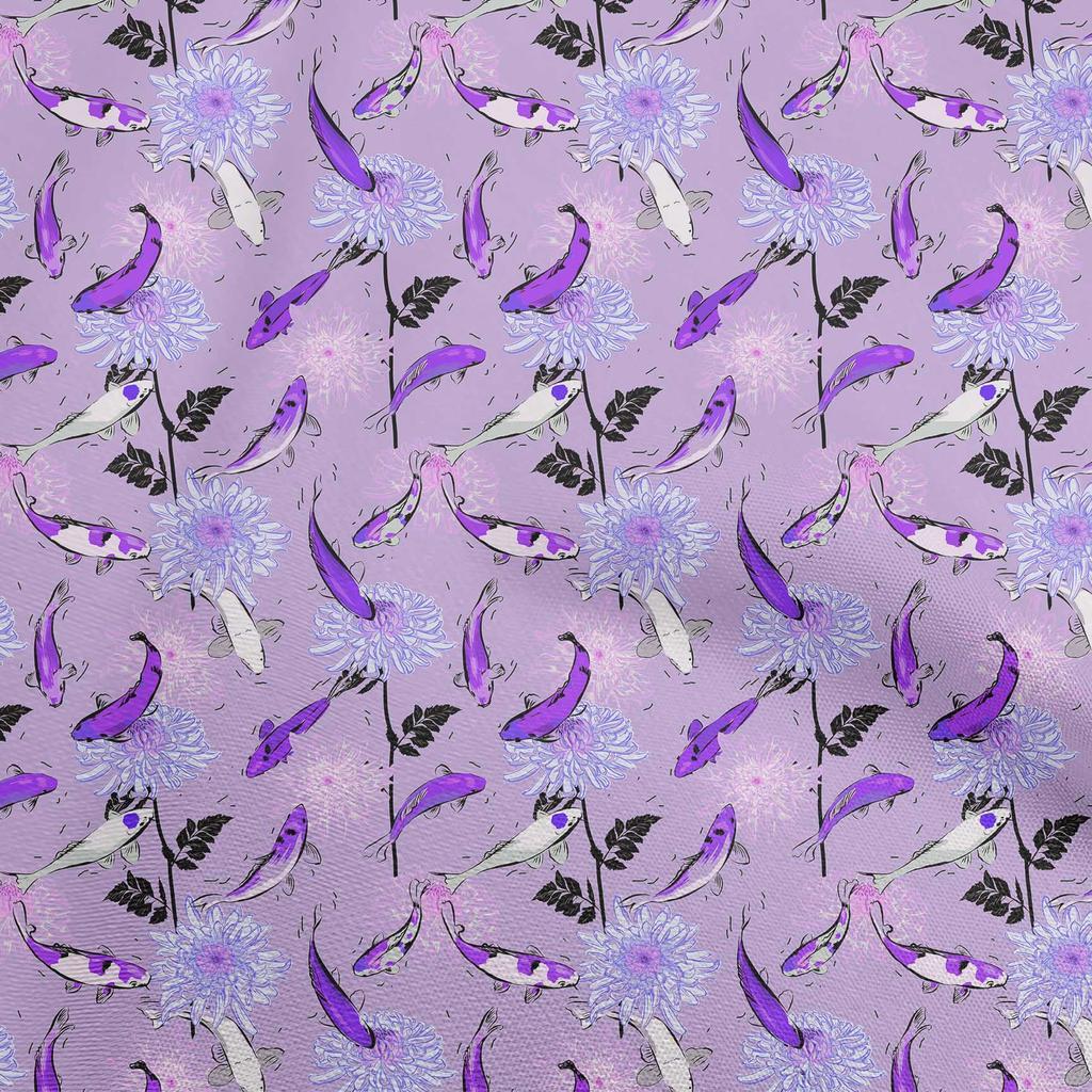 oneOone Cotton Flex Dusty Purple Fabric Asian Japanese Koi Fish with Floral Sewing Fabric by The Yard Printed DIY Clothing Sewing Supplies 40 Inch