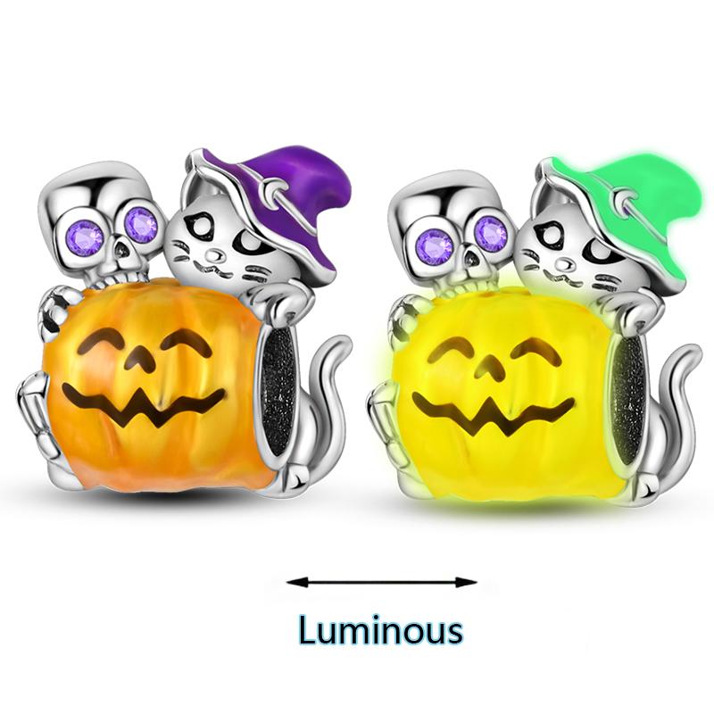 Halloween Series Charms Bead Copper Luminous Pumpkin Skull Witch Black Cat Fit Bangle Bracelet Necklace Diy Jewelry