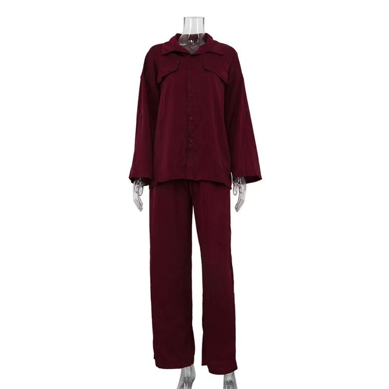 

European and American Fashion Lapel Long Sleeve Shirt Loose Pants Suit Top and Wide Leg Pants Set Red L