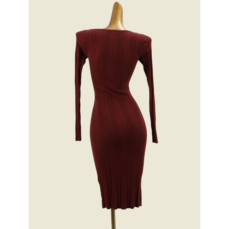Foreign Trade Original Order Square Collar Slim Fit Long Sleeve Hip Skirt Rib Slimming High Split Sexy Knitted Dress