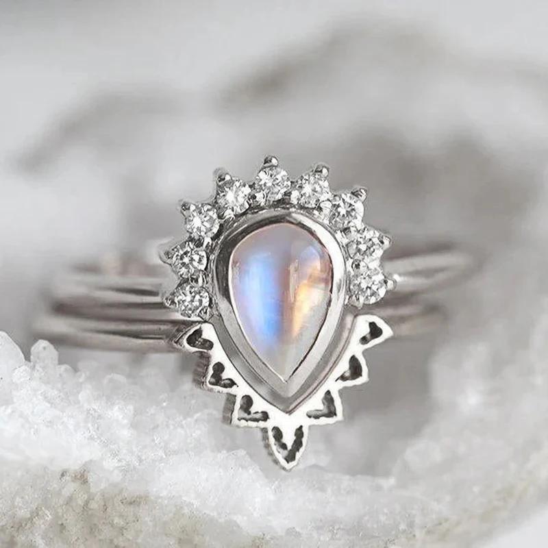 Xiaomi Huitan Elegant Women 2Pcs/Set Ring Imitation Moonstone Fancy Accessories Inlaid Shiny CZ for Party Daily Wedding Trendy Jewelry
