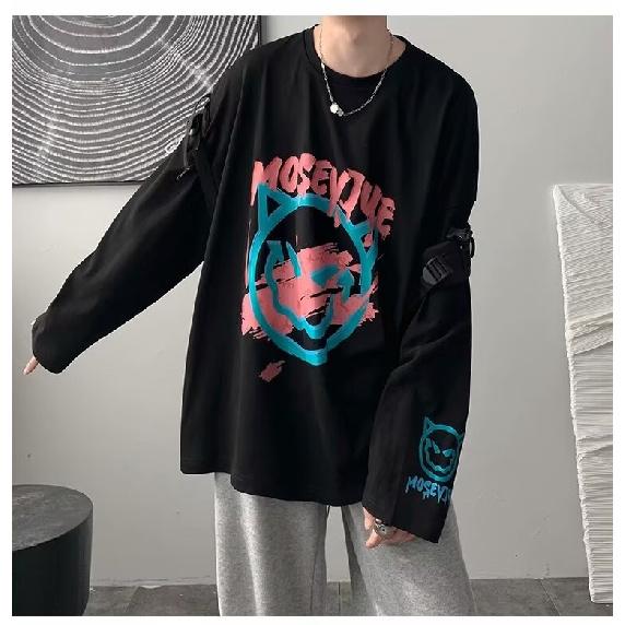 2024 Men's Long-Sleeved T-shirt Autumn Undershirt Long Sleeve Cotton Autumn Hong Kong Style Printing Loose Trendy Top
