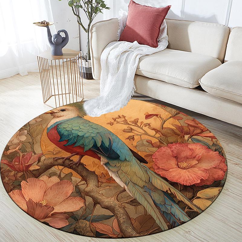 Vintage Flower Bird,Round Area Rug,Carpet Rug for Living Room Bedroom Sofa Playroom Decor,Non-slip Floor Mat