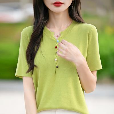 Sommer Damen Neu Kurzarm Strickpullover T-Shirt und Rundhals Weste