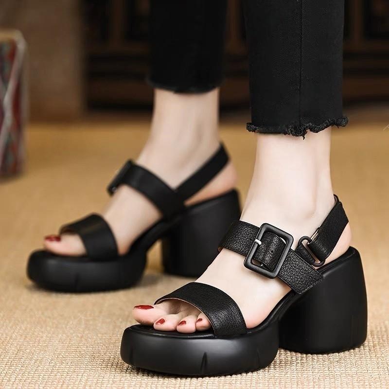 

Fashion Block Heel Open Toe Roman Sandals Women s Summer New Round Toe Soft Leather Metal Buckle One-Line Platform Heels 42 чёрный