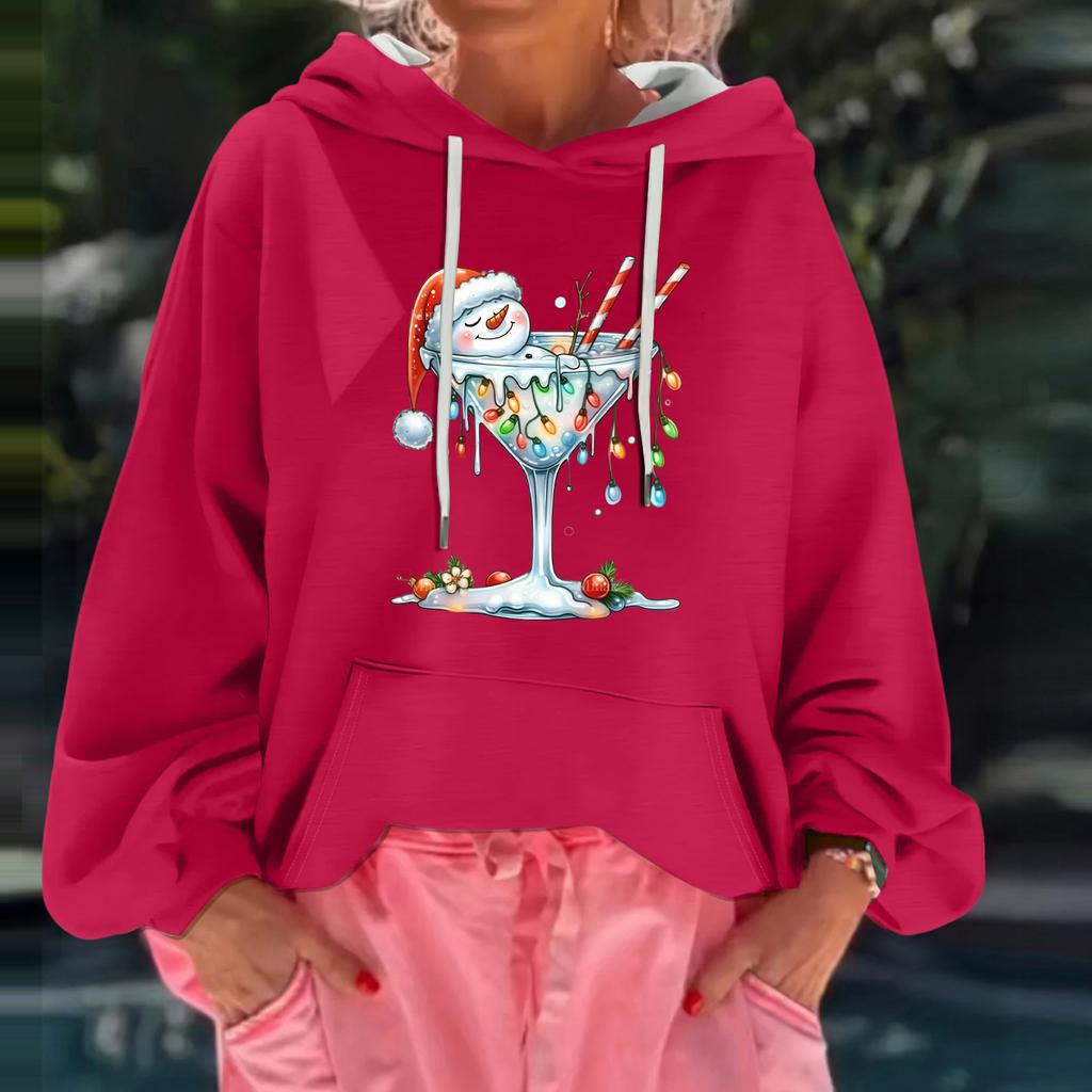Women's Christmas Print Loose Casual Long Sleeve Hooded Sweatshirt