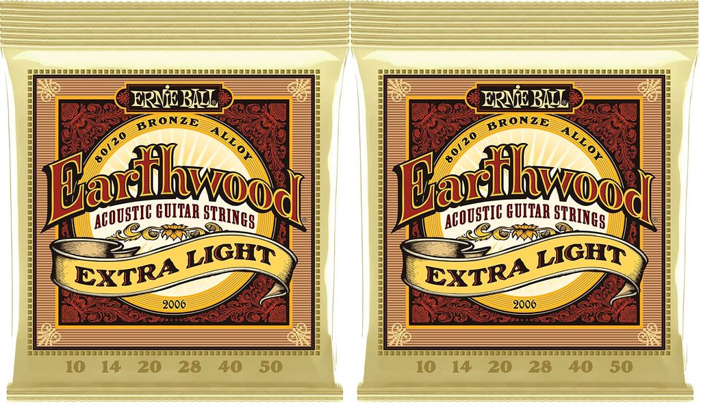 Authentic ERNIE BALL 2006 Acoustic Guitar Strings Earthwood Bronze Extra (10-50) 80/20 Light, 2-Pack