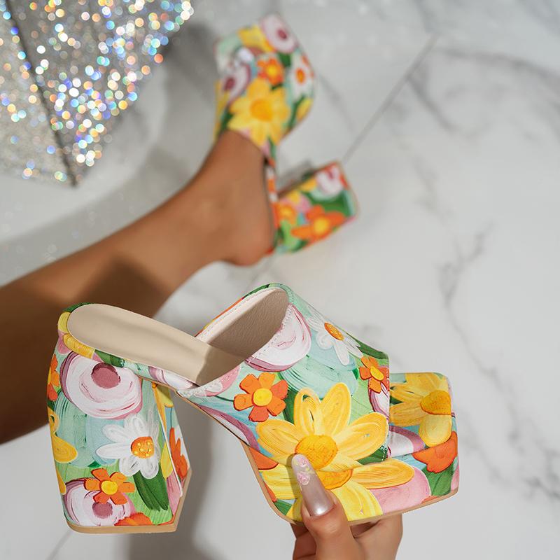 Fashion Holiday Style Printed High Heel Sandals for Women Fashion Peep Toe Platform Sandals Woman Summer Chunky Heeled Beach Sandalias