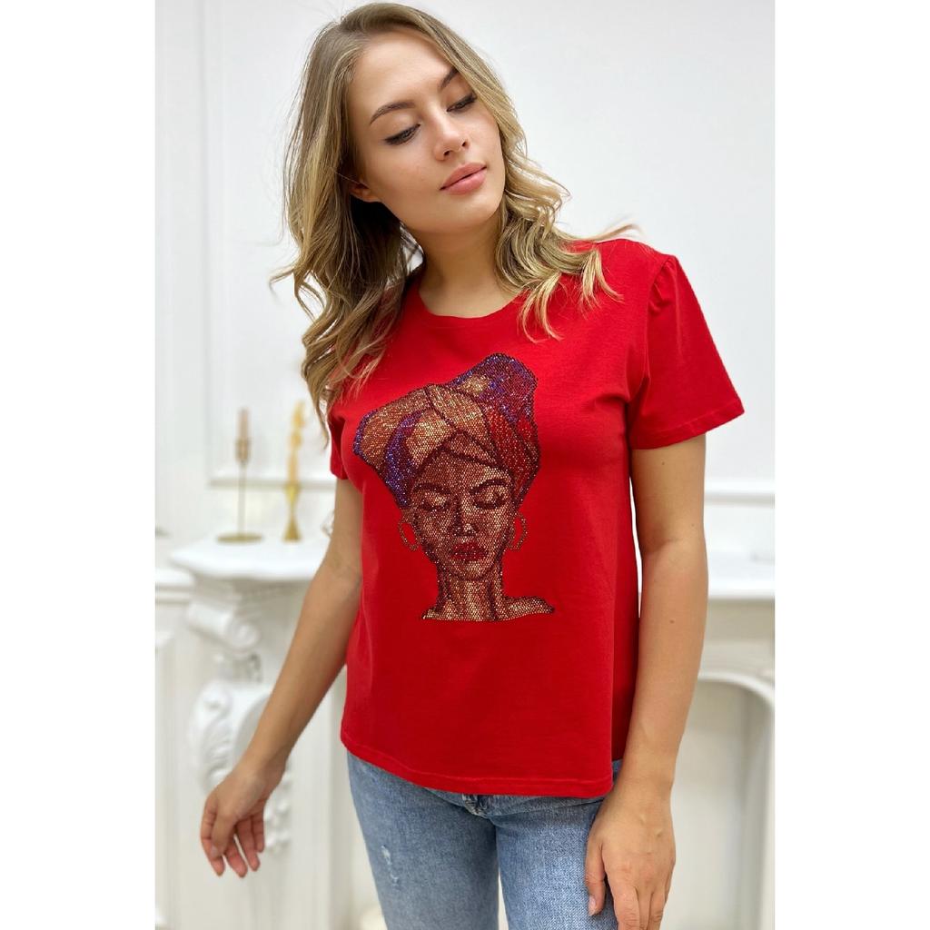 Crystal Stone 100% bumbac cu mânecă scurtă, cu gât, mărime mare, negru, tricou damă