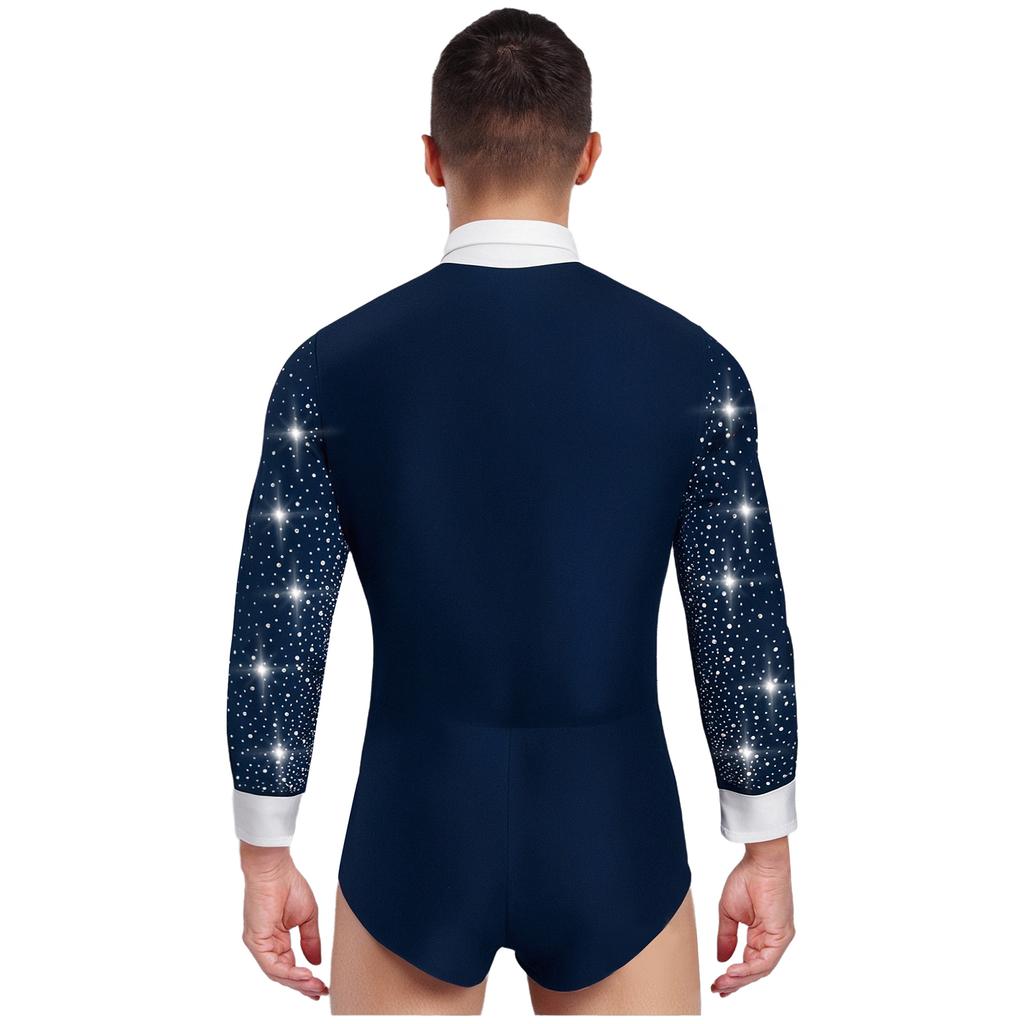 Mens Latin Rumba Ballroom Dance Leotard Long Sleeves Shiny Rhinestones Color Block Bodysuit with Bowtie