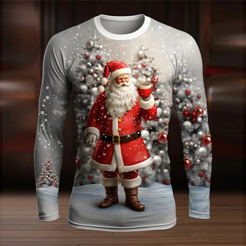 Santa Claus Pattern T-Shirt For Men Christmas Balloon 3D Printed T Shirts Autumn Casual Long Sleeves Loose Round Neck Tops Tees