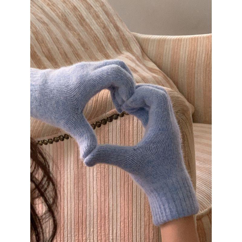 

(Special) Happy Winter! Rabbit Fur Finger Knitting Gloves Ins Fall and Winter Student Cycling Wool Fleece-lined Heattech Blue(In stock)