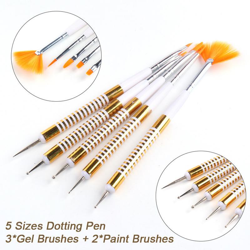 5 Pcs/Set Nail Art Pen 2 In 1 Double Ends Dotting Drawing Painting UV Gel Liner Polish Brush Set Nail Art Dotting Tools