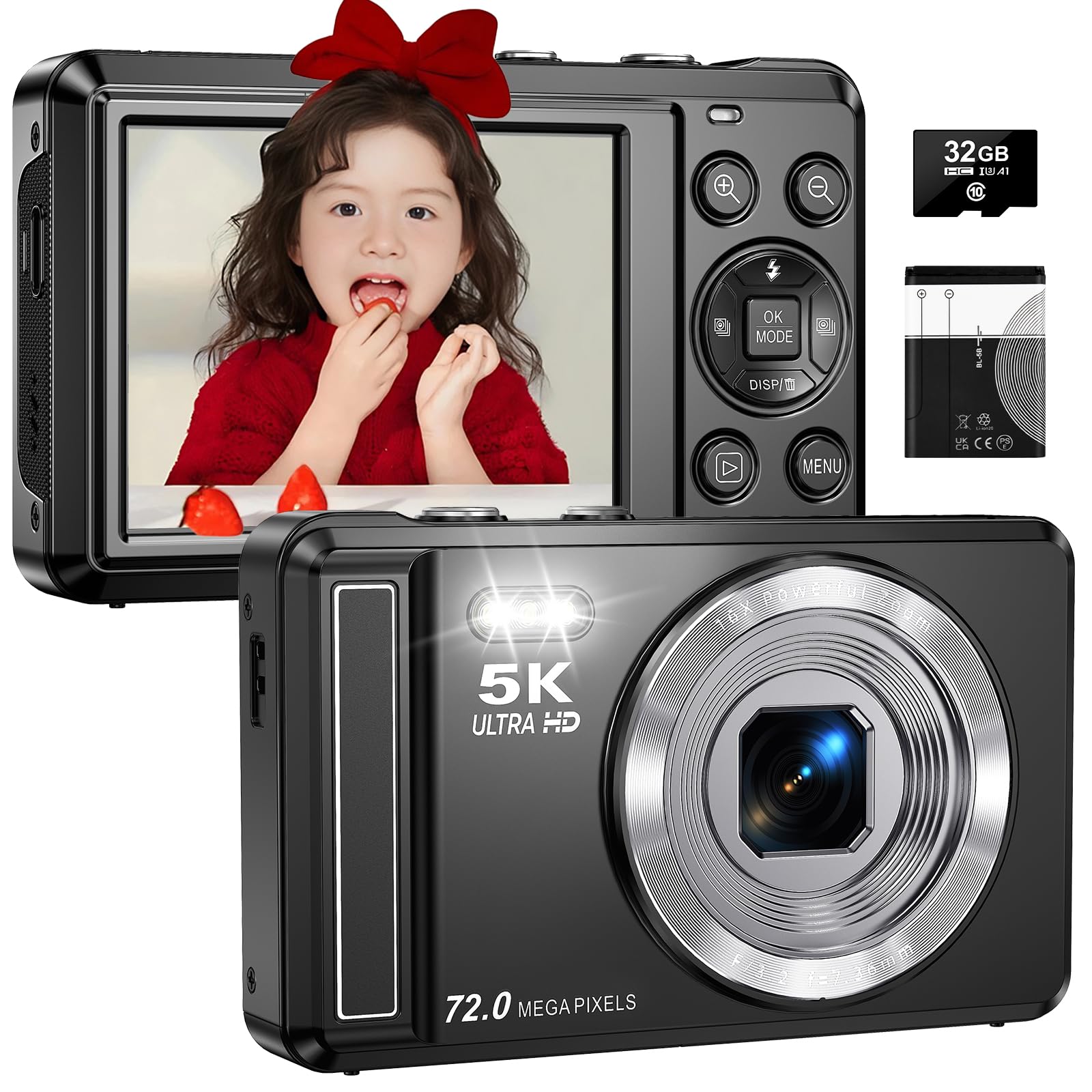 

5K Digital AF 16x Digital Timed Selfie Micro SD Card Ideal for and More Camera, 72MP, Autofocus, 2.8-inch Screen, Zoom, Shooting, Built-in Flash, чорний