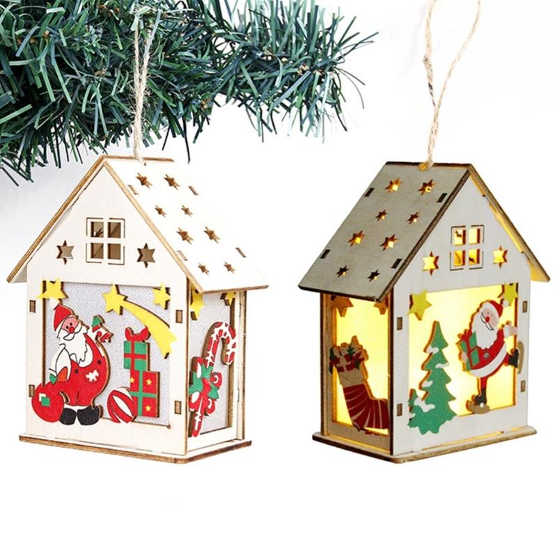 Illuminated Wooden Cottage Ornament Christmas Tree Hanging Decoration For Mantels Door Window Holiday Party Decoration