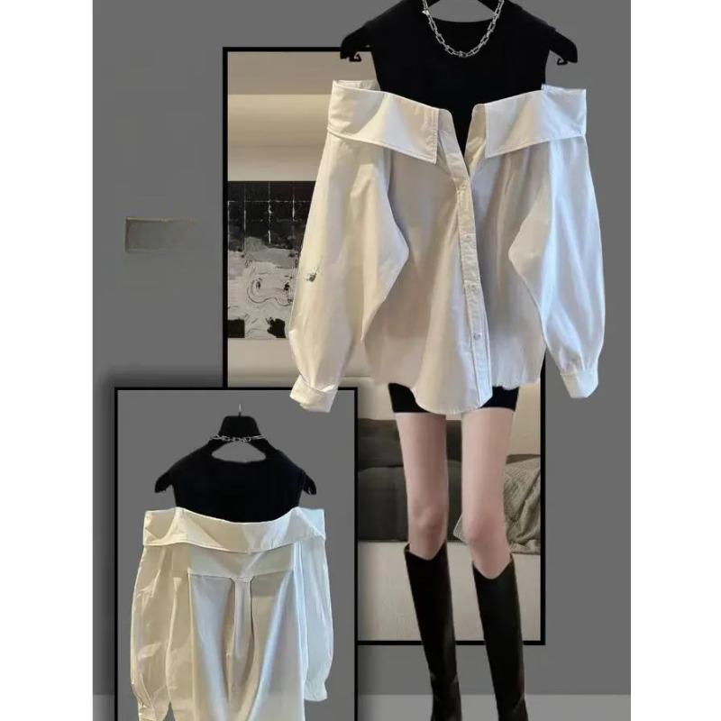 Off the Shoulder Blouses Women Slim and Loose Tank Top Spliced Long Sleeve Shirts Autumn Round Neck Fashion Shirts Women Top