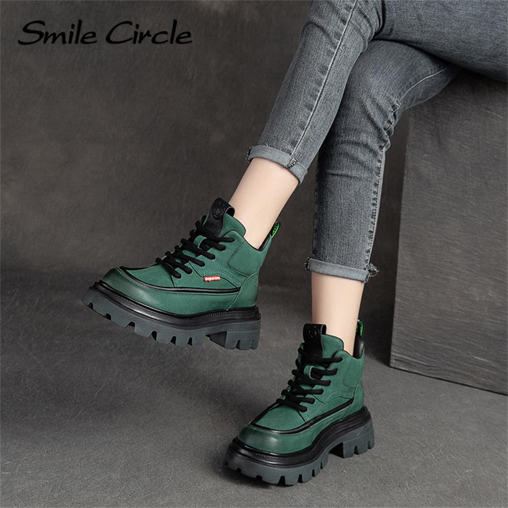 Natural Leather Chunky Women's Ankle Boots High Top Thick Bottom Boots Lace Up Casual Women's Motorcycle Boots