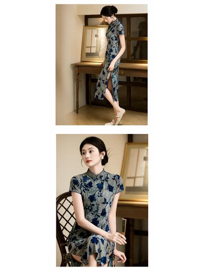 Eleganckie Cheongsam z Nadrukiem Niebieskich Róż - Kolekcja Lato 2025 dla Młodych Dziewcząt