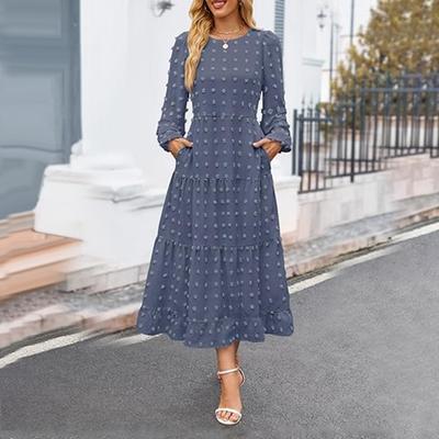 Robe d'automne et d'hiver pour femme, manches longues lanternes, coupe trapèze, col rond, gros ourlet, pois, appliques, plissée, couleur unie