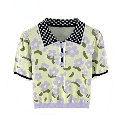 Summer T Shirt Women Contrast Color Jacquard Floral Lapel Puff Sleeve Knit Shirt Ladies Short Sleeve Sweater B-014