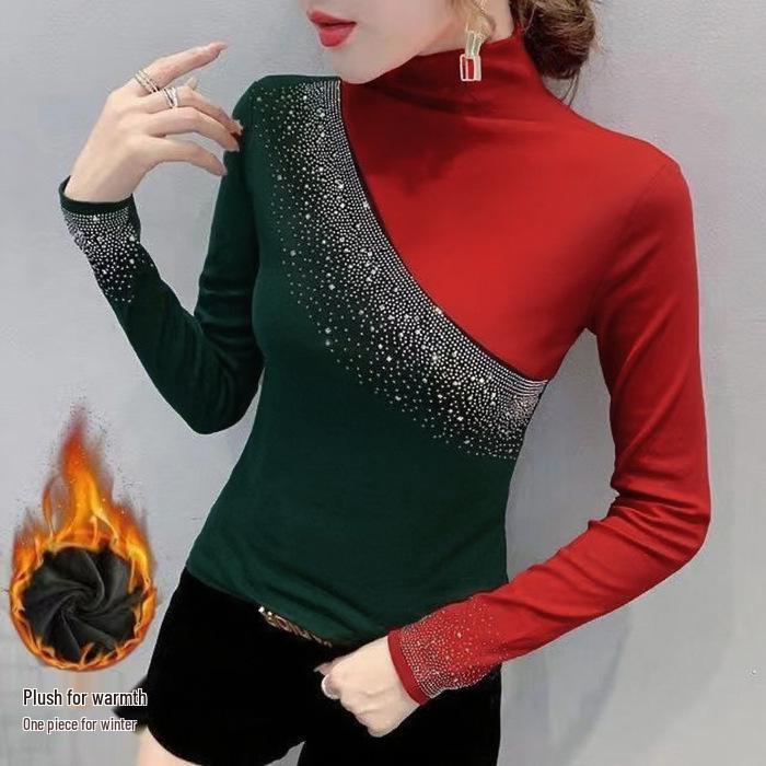 Camiseta Base de Manga Larga con Bloques de Color, Pedrería y Cuello Semi Alto, Forrada de Forro Polar para Mujer - Moda Otoño/Invierno 2025.
