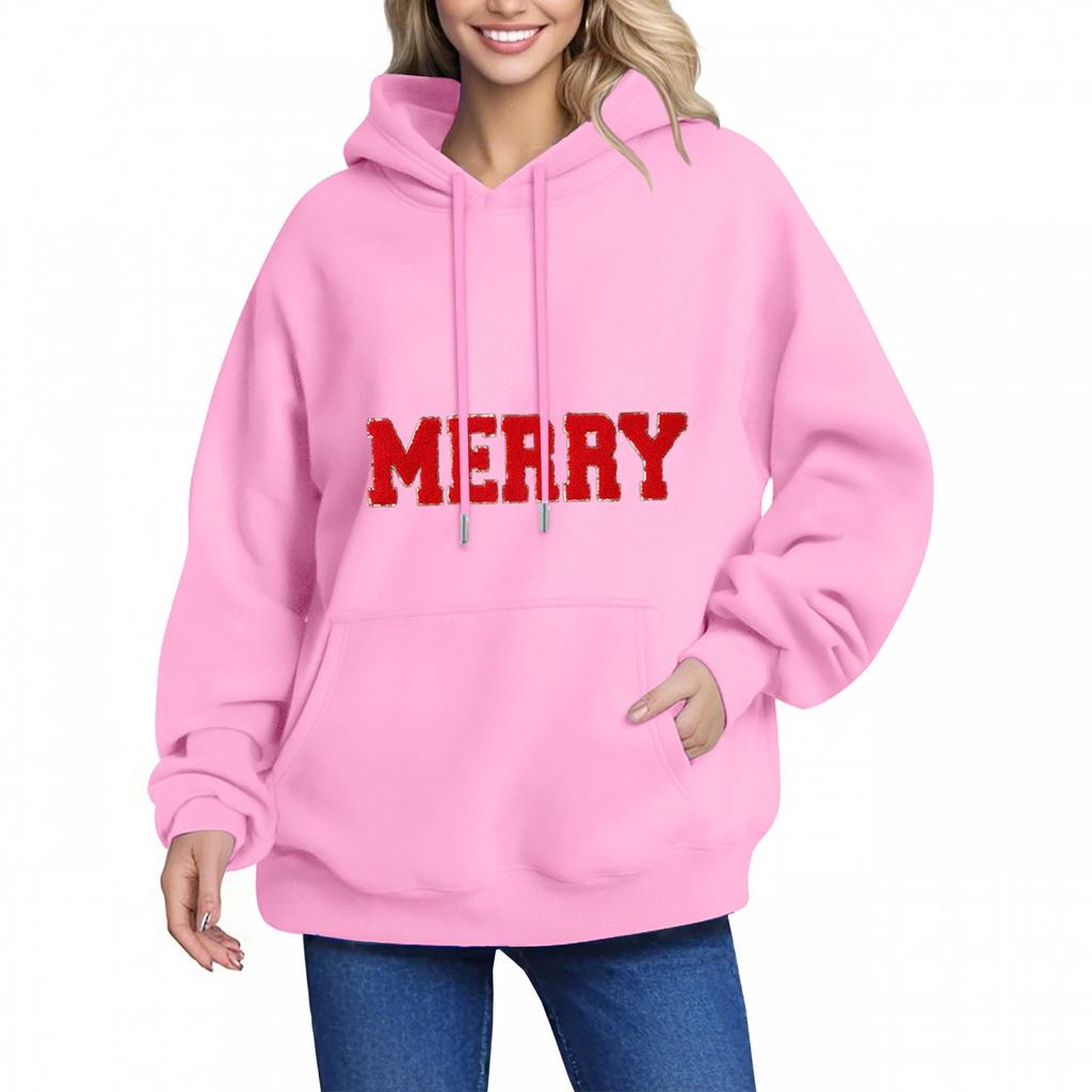 MERRY Women's Hoodie Letter Small Print Long Sleeve Pocket Loose Pullover Sweatshirt Top