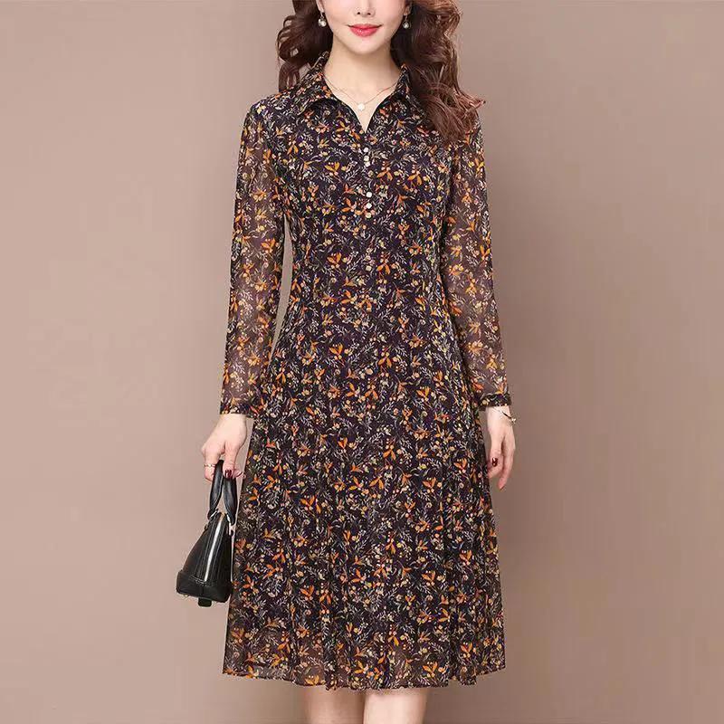 Women's Autumn Mid Length Dress with Slimming Lining and Floral Over The Knee Length Skirt