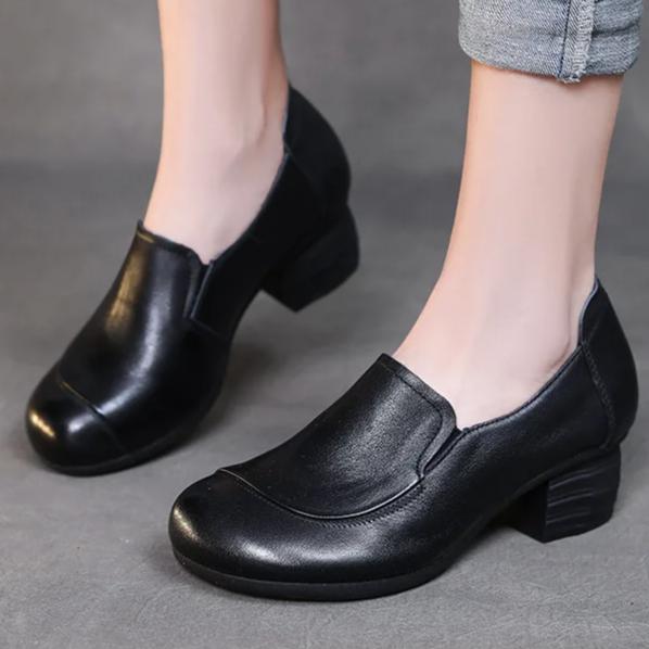 Johnature Genuine Leather Solid Color Thick Heeled Pumps Retro Versatile Round Toe Women's Shoes