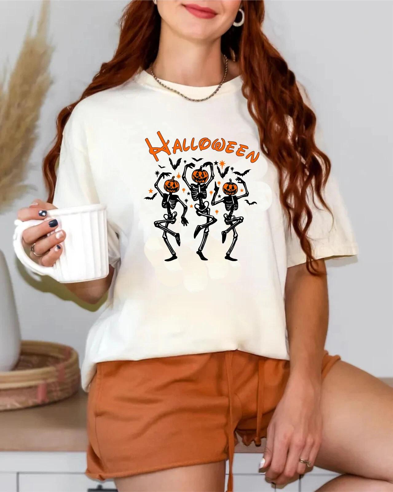 Halloween Dancing Skeleton Pumpkin T-Shirt, Halloween Party Shirt, Spooky Season 4XL