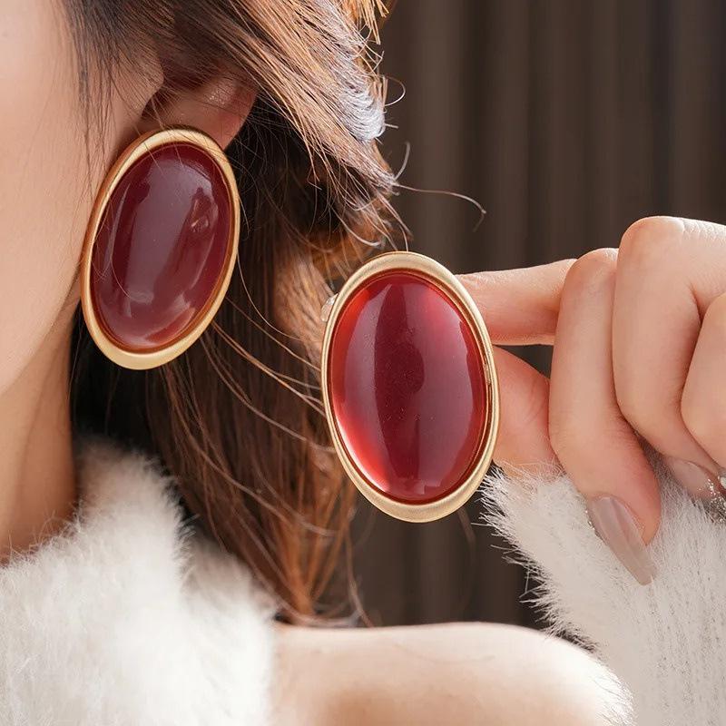 Exaggerated Long Oval Resin Dangle Earrings for Women Ladies Vintage Rhinestone Colored Water Droplet Earrings Jewelry Wholesale