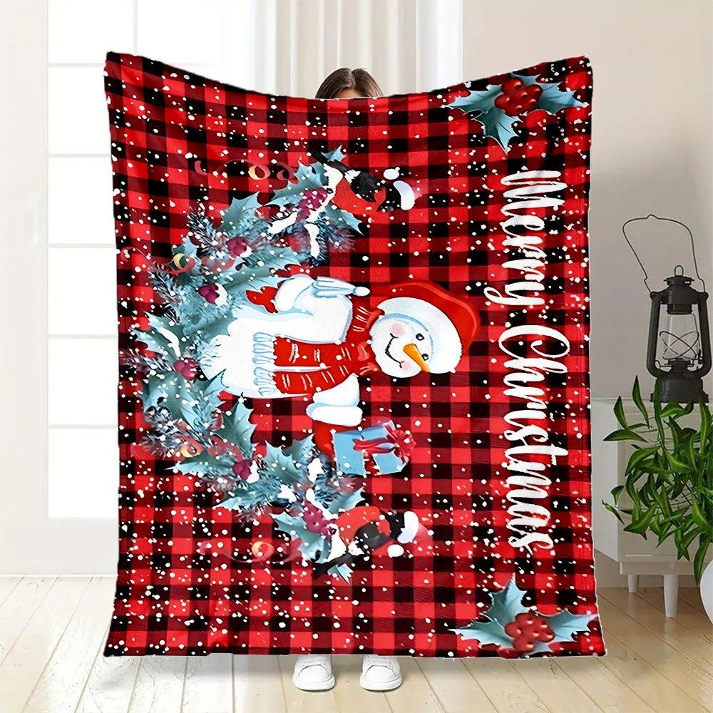 Christmas Snowman Buffalo Plaid Holiday Greeting CardBlanket Flannel Throw Blanket for Sofa, Bed, Travel, Camping, Office, Couch, Chair, And