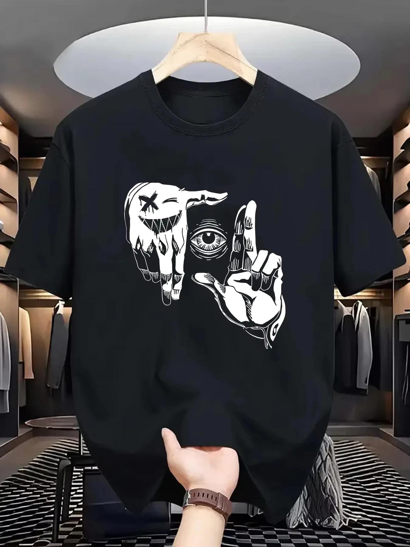 

Лето 2025 мужской 100% хлопок повседневный свободный большой размер жест глаз персонализированный узор с принтом круглый вырез короткий рукав 4XL