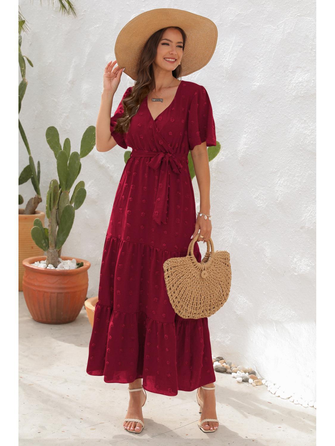 

Миди-платье с V-образным вырезом, завышенной талией, завязками, помпонами и длинными рукавами - Идеально для праздников и путешествий XXL малиновый