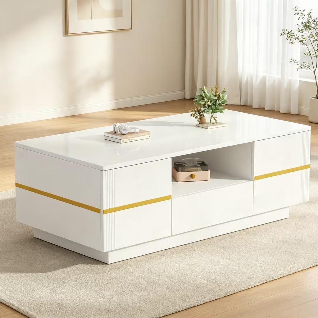 Modern Coffee Table with LED Lighting, Sofa Table, Semi-Open Shelf & 2 Doors, up to 30 kg Load Capacity, White + Golden Accents, 100×50×35.5cm