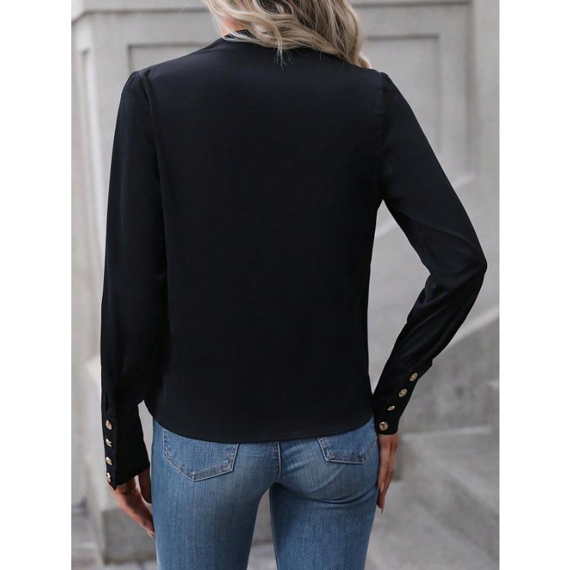 Women's Black Long-sleeved Crossover V-neck Top, Cuff Button Design Is Fashionable and Versatile