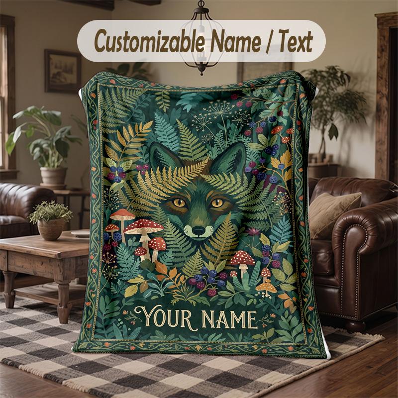 Forest Fox Fantasy Theme Throw Blanket Custom Name Text Personalized Blanket Soft Cozy Blanket for Home Sofa Bed