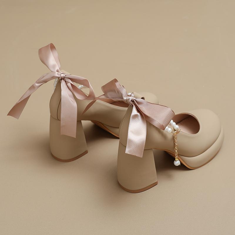 Fashion Soft Leather High Heels Women's New Pearl French Block Heel Mary Jane Gentle Wind Shoes