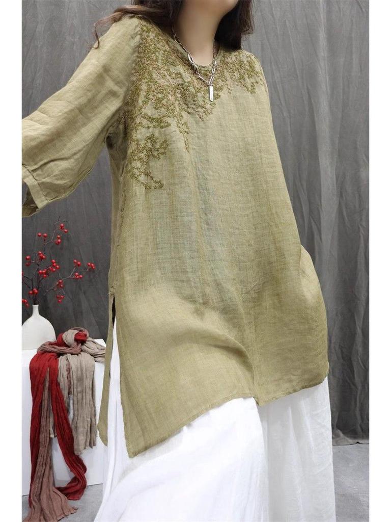 2025 Spring/Summer Retro Embroidered Women's Casual Slimming Mid-length T-shirt