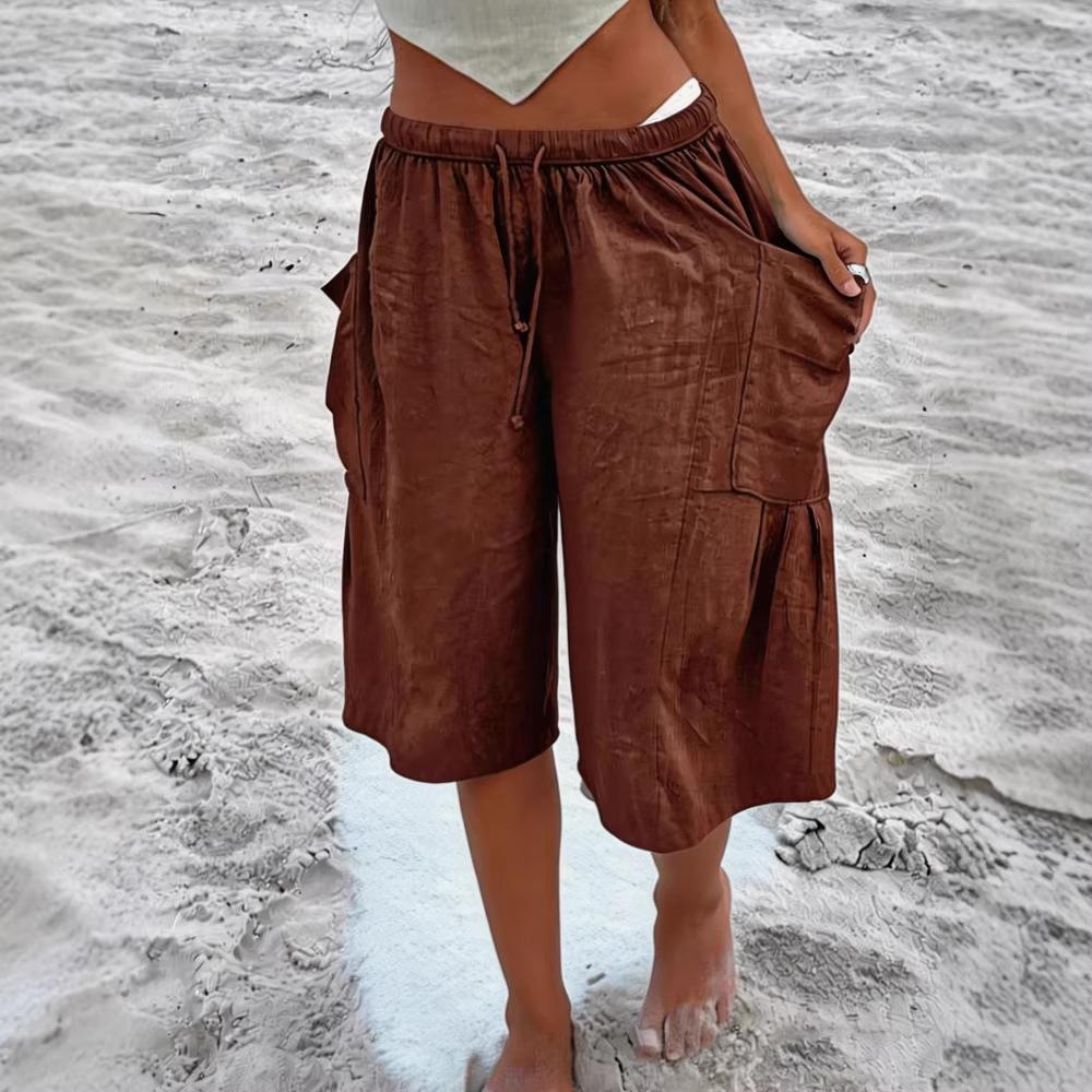 Summer Women's Linen Blend Drawstring Elastic Waist Wide Leg Knee Length Casual Shorts with Pockets
