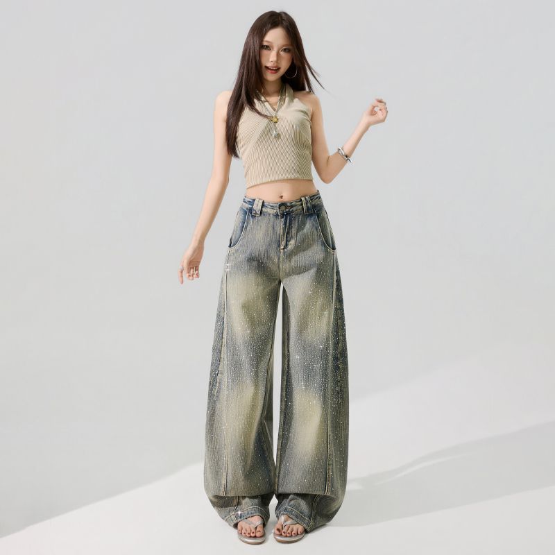 Spring Summer Luxury Rhinestone Craft Bamboo Texture Relaxed Saber Cut Fashion Casual Denim Long Pants Female Casual Pants Oversize Denim Trousers